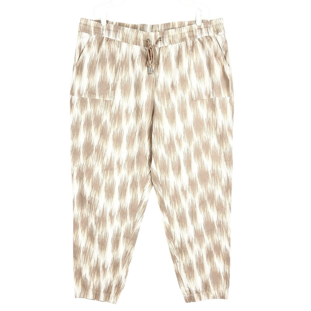 ZUDA Women's Pull-on Elastic Drawstring Linen Blend White Brown Pants Sz 1X NWOT